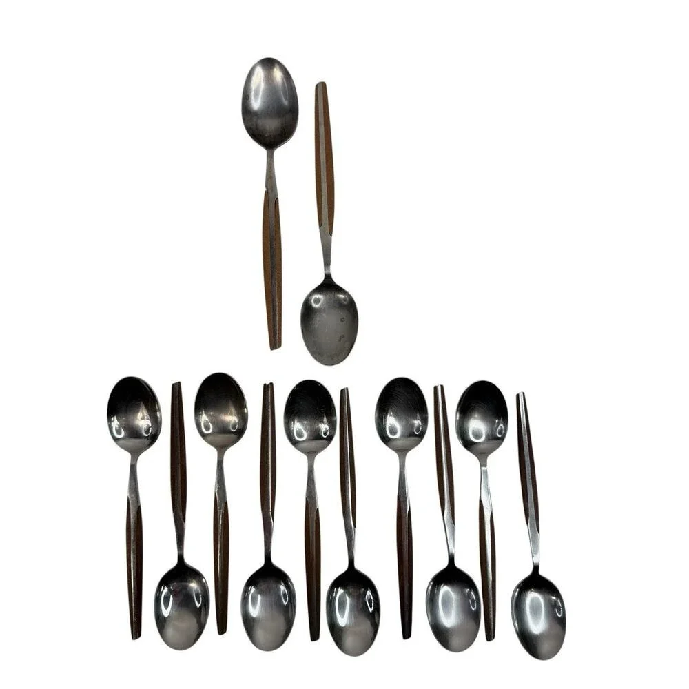 Eldan ELD2-BROWN‎ Set Of 12 Spoons Mid Century Modern Flatware Stainless Steel